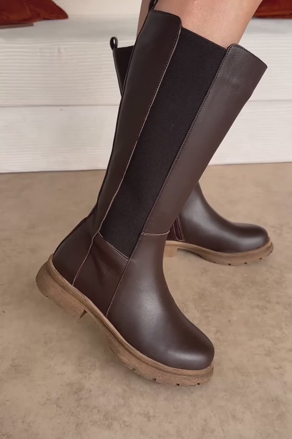 Rubi Hakiki Deri Kahve Lastikli Kadın Çizme